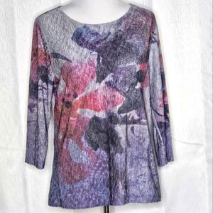 Coldwater Creek Purple Textured Floral Print Scoop Neck 3/4 Sleeve Pull Over Top